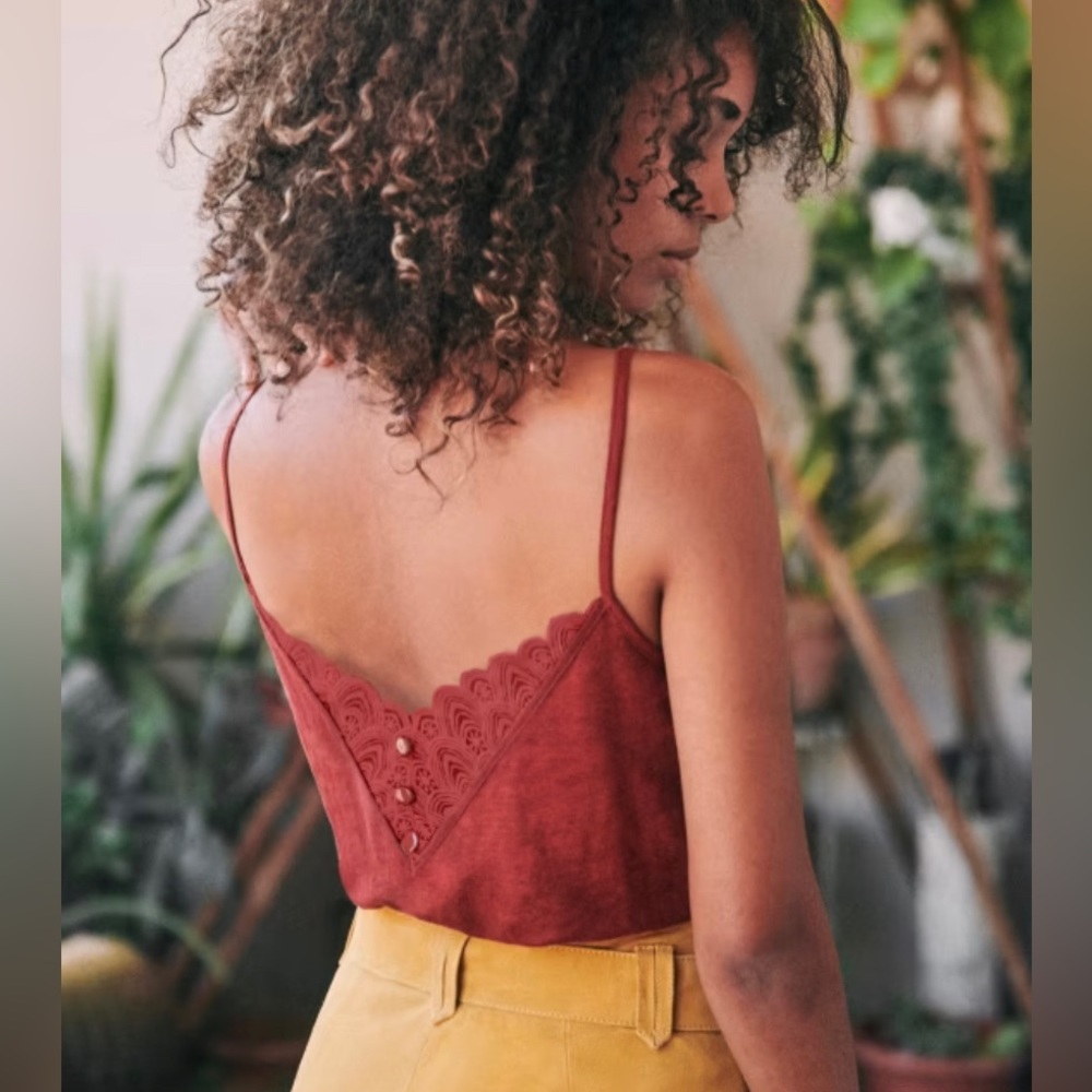 Sezane Elise Linen Lace Detail Tank in Terracota